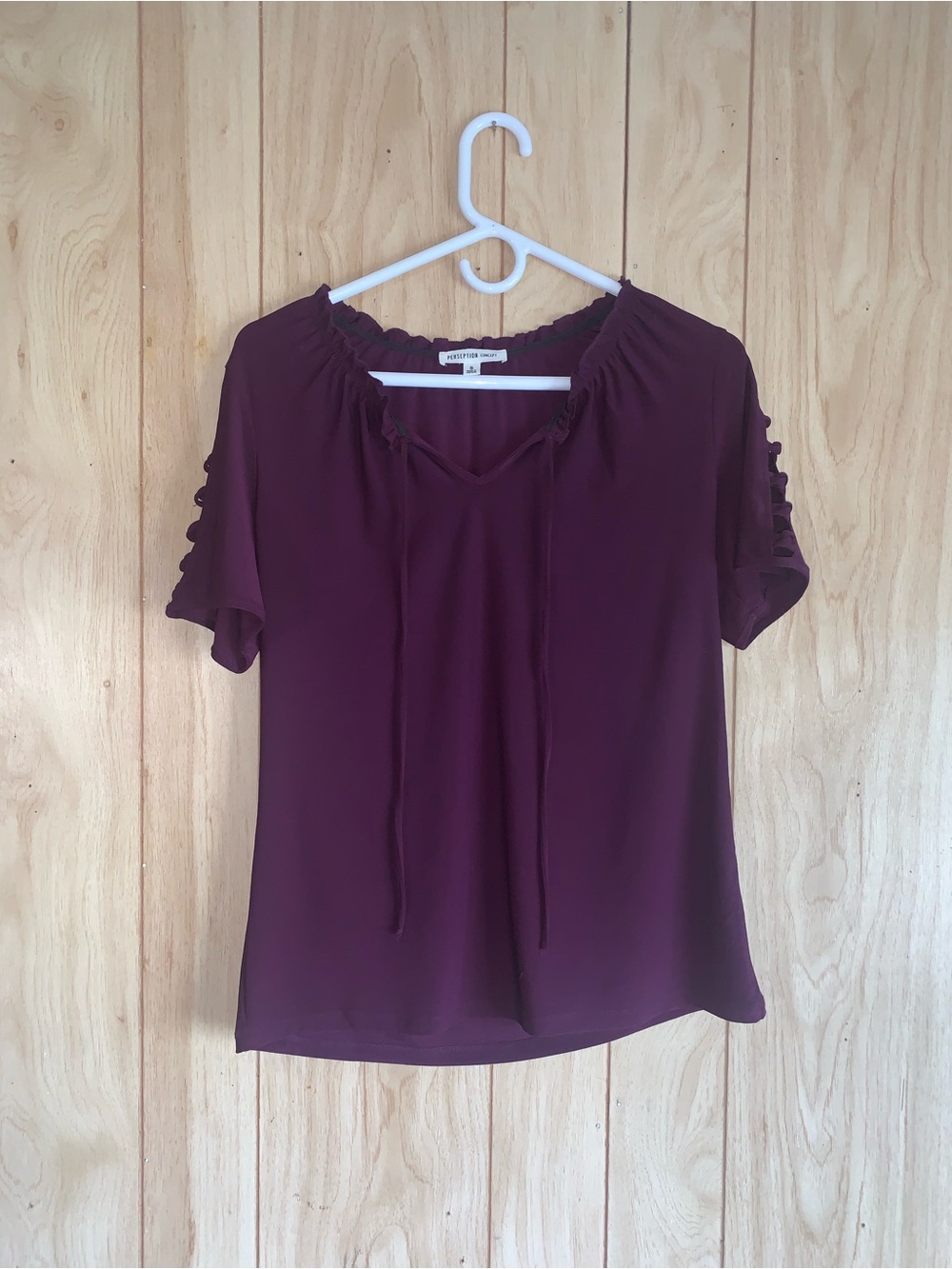 PerSeption Concept Plum Short-Sleeve Tie-Neck Blouse